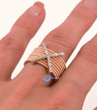 Contemporary Modern Spiral Rose Gold Cocktail Fashion X Ring CHRISTA Sterling Silver w/Signity CZ