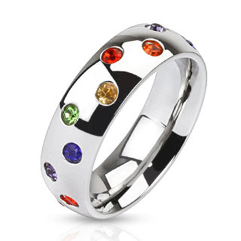 6mm Multi Paved Rainbow CZs Stainless Steel Dome Band Ring Guy Pride Band - Zhannel
