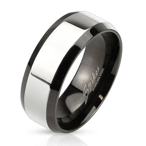 8mm Glossy Center with Beveled Edge Two Tone Stainless Steel Band Men's Ring - Zhannel
