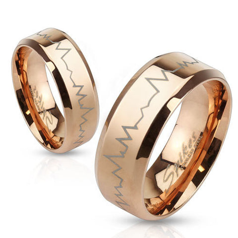 8mm Heartbeat Laser Etched Stainless Steel Rose Gold IP Band Men's Ring - Zhannel
