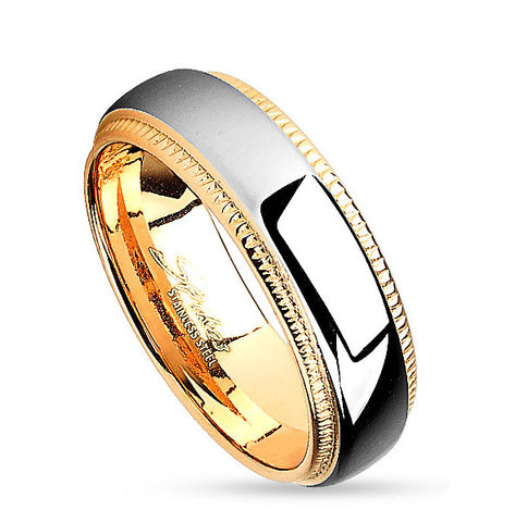 6mm Milled Edge Two Tone Gold IP Stainless Steel Women's Ring Wedding Band - Zhannel
