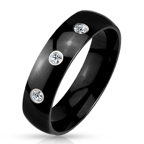6mm 3 CZ Set Classic Dome Black IP 316L Stainless Steel Wedding Band Men's Ring - Zhannel
