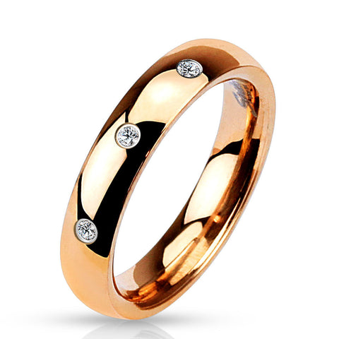 4mm 3 Clear CZ Set Classic Dome Rose Gold IP 316L Stainless Steel Wedding Band - Zhannel
