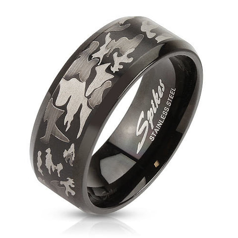Camouflage Laser Etched Black IP Over Stainless Steel Band Men's Ring - Zhannel
