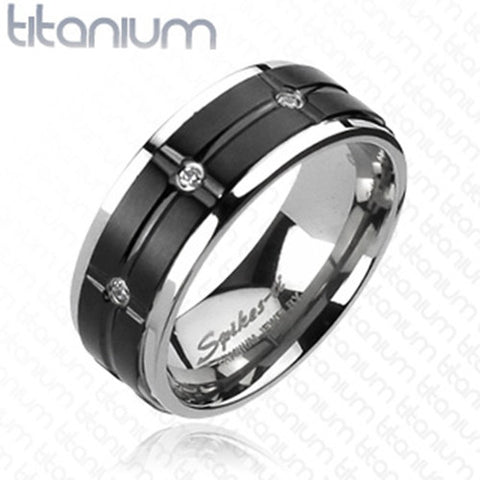 8mm Grooved Black IP Center Multi-CZs Ring Solid Titanium Men's Ring - Zhannel
