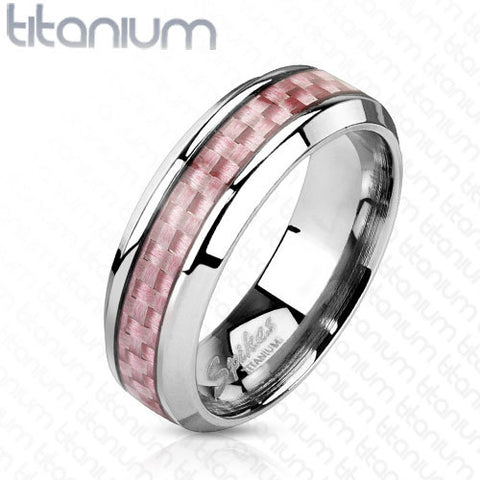 6mm Pink Carbon Fiber Inlay Band Ring Stainless Steel Women' Ring