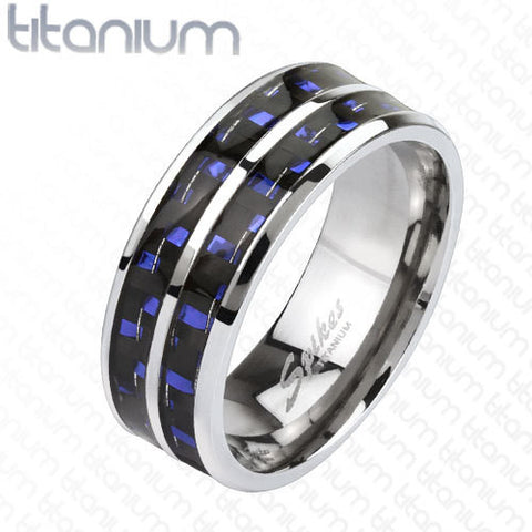 8mm Blue Carbon Fiber Inlay with Slit Center Band Ring Solid Titanium Men's Ring - Zhannel
