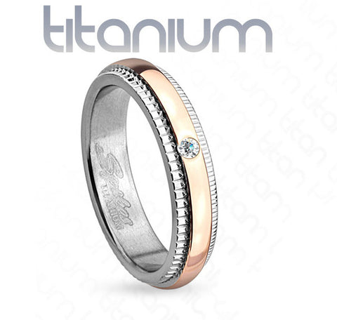 4mm Grooved Step Edge Solitaire CZ Rose Gold IP Titanium Women's Ring Wedding Band - Zhannel
