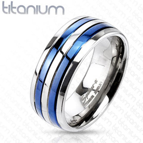 8mm Double Striped Blue IP Band Ring Solid Titanium Men's Ring - Zhannel
