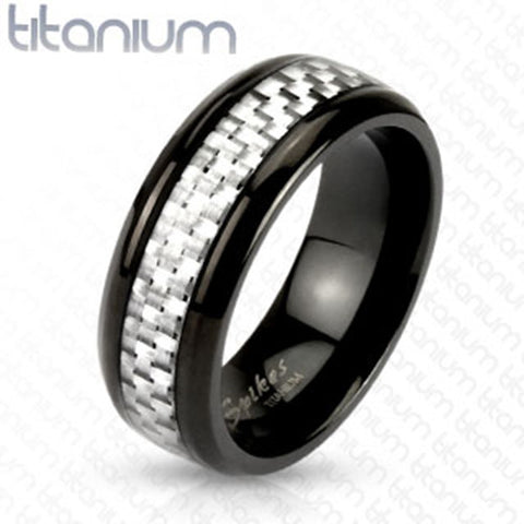 8mm White Silver Carbon Fiber Inlay Center Band Ring Black IP Titanium Men's Ring - Zhannel
