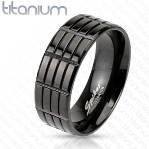8mm Triple Grooved Solid Titanium Black IP Band Men's Fashion Ring - Zhannel

