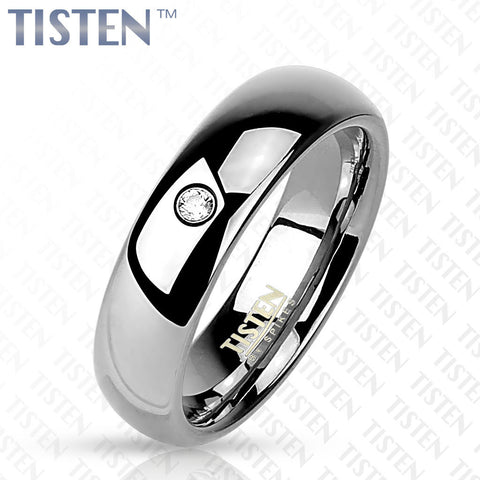 6mm Wedding Band Glossy Mirror Polished Dome w/CZ Tisten (Tungsten+Titanium) Ring