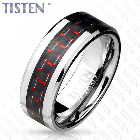 8mm Black and Red Carbon Fiber Inlay Tisten (Tungsten+Titanium) Men's Ring - Zhannel
