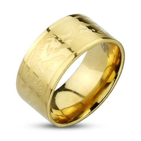 10mm Dragons Etched Gold IP Band Ring 316L Stainless Steel Men's Ring - Zhannel
