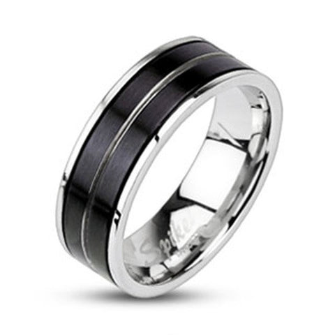 7mm Stripe Black IP 316L Stainless Steel Ring Men's Wedding Band - Zhannel
