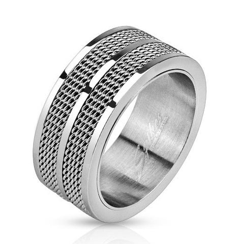 Double Line Mesh Screen 9mm Band Men's Ring Stainless Steel - Zhannel

