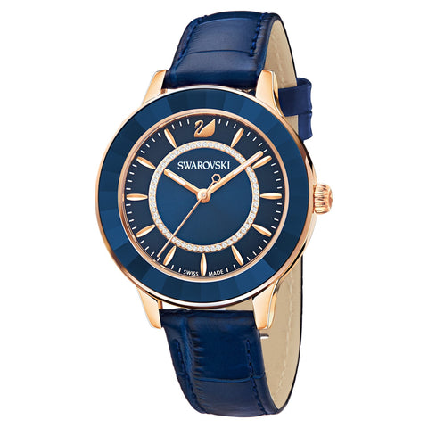 Swarovski OCTEA LUX Watch Leather strap, Blue, Rose-gold tone-5414413