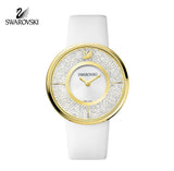 Swarovski Crystal Swiss Watch CRYSTALLINE Yellow Gold White Leather Belt #1184025