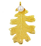 Real Leaf PENDANT Lacey OAK in 24K Yellow Gold Genuine Leaf w/Pearl