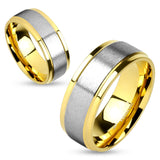 8mm Two Tone Soft Brushed Metal Center Step Edge Gold IP Stainless Steel Men's Ring