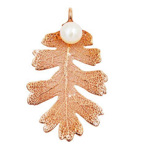 Real Leaf PENDANT Lacey OAK Dipped in Rose gold w/Freshwater Pearl