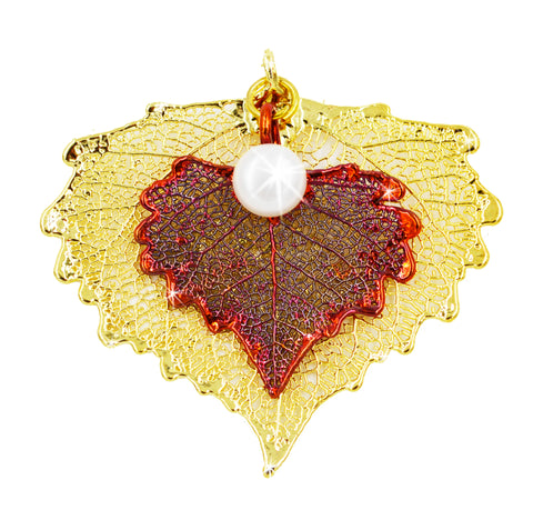 Real Leaf PENDANT COTTONWOOD 2-leaf Combo 24K Yellow Gold & Copper w/Pearl