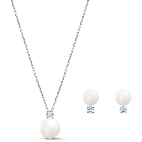 Swarovski Treasure Pearl Set Studs & Necklace, White, Rhodium plated -5569758