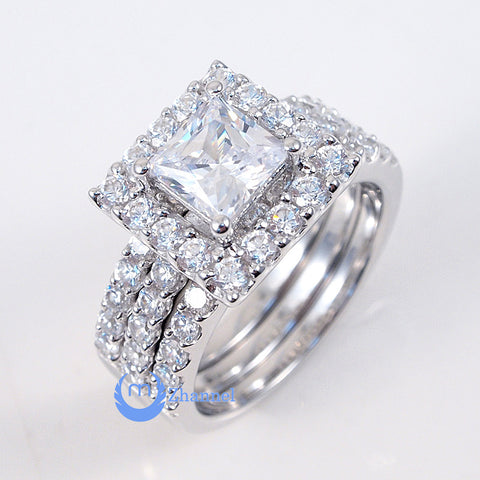 1.25ct Princess Cut Engagement Wedding Set 3 Rings Signity CZ Rhodium Sterling Silver
