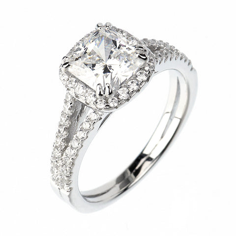 1.5ct Cushion Cut Solitaire w/Accent Engagement Ring Rhodium over Silver w/CZ