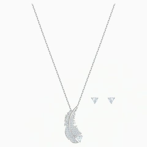 Swarovski NICE SET Feather Jewelry Studs & Necklace, Rhodium -5506758